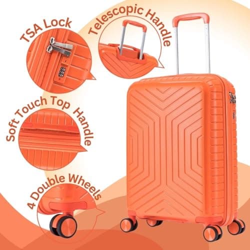 DK Luggage 20” Cabin Ryanair, EasyJet, BA, Jet 2 Hard Shell Approved Hand Luggage Polypropylene Suitcase 4 Wheel Spinner Luggage PP20 Orange — view 3