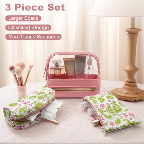 Sangula·Valley Makeup Bag 3 Pack, Double Layer Transparent Cosmetic Bag Organizer, Women's Toiletry Bag, Travel Essentials (Pink) — view 2
