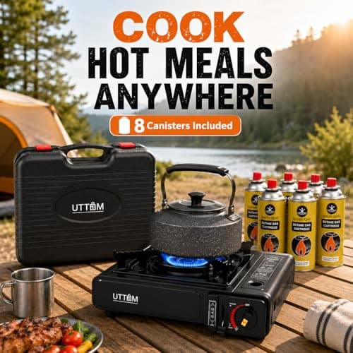 UTTAM Black Portable Camping Stove with Cary Case | EN417 Compliant Camping Portable Stove | Camping Stove with Automatic Ignition & Heat Control (Stove + 8 Butane Cannister) — view 6