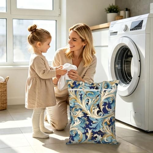Elegant Blue Gold Florentine Travel Laundry Bag With Handle, 1 Pc Large Waterproof Dirty Clothes Bags With Zipper, Foldable Swimsuit Workout Bag Washable Wet Clothes Storage Organizer For Dorm — view 6