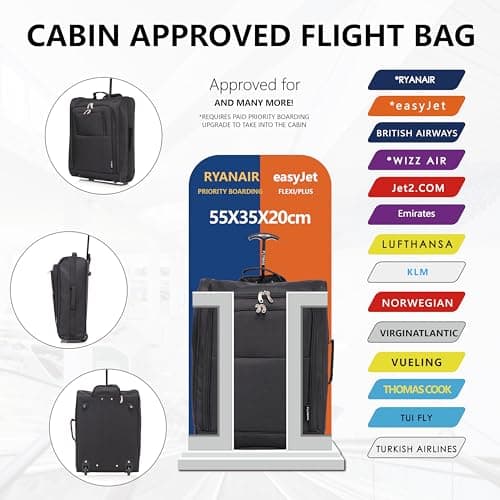55x40x20 Ryanair Cabin Bag Hand Luggage Lightweight Suitcase Approved Carry on Luggage 1.4kg 44L Black — view 3