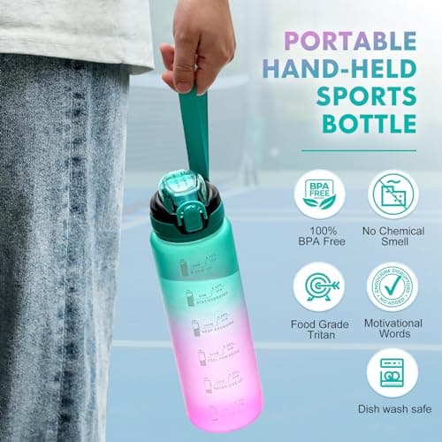 SEASEVEN Sports 1L Water Bottle with Straw for Gym,Office(Green-Purple) — view 6