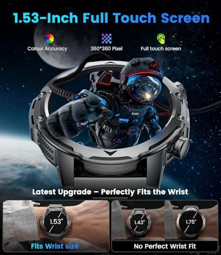 FitVigor Military Smart Watch for Men, 1.53" Fitness Tracker with 1000 mAh Ultra-Long Battery/Flashlight/Bluetooth Calling/Health Monitor / 120+ Sports Modes / IP68 Waterproof for iOS Android, Black — view 3