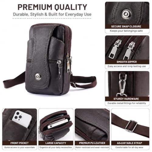 KUBDPQOR Leather Phone Waist Bag for Men, Crossbody Belt Pouch with Anti-Theft Zip, Small Travel Shoulder Bag for Mobile Phone, Camping, Hiking & Outdoor Use, Brown — view 4