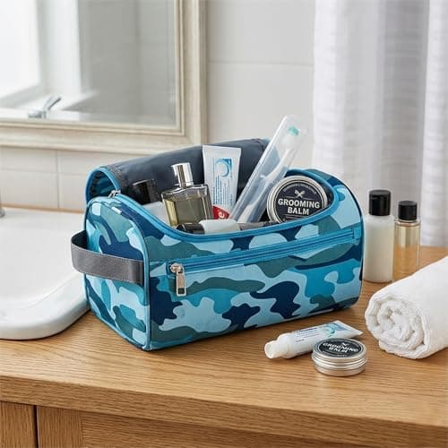 Camouflage Wash Bag for Boys Kids Men, Waterproof Toiletry Bag with Hanging Hook, Portable Travel Wash Bag for School Gym Camping Dorm Bathroom Organizer, Blue Camo 1 Pack (Camouflage M) — view 6