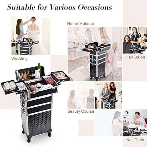 Joligrace 4-in-1 Tall Vanity Case for Women Makeup Box Make Up Beauty Trolley on Wheels Professional Large Makeup Case Organiser Rolling Box Nail Technician case with Locks (Black) — view 3