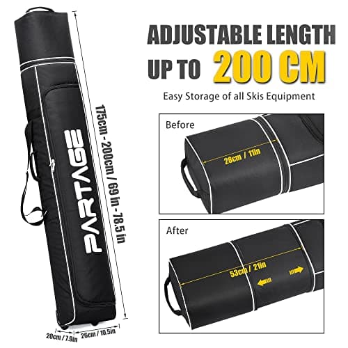 Partage Ski Bag - Waterproof Ski Travel Bag with Wheels - 600D Heavy Duty Oxford Fabric - Adjustable Length Up to 200cm - Black - 69-78.5" x 10.5" x 7.9" — view 2