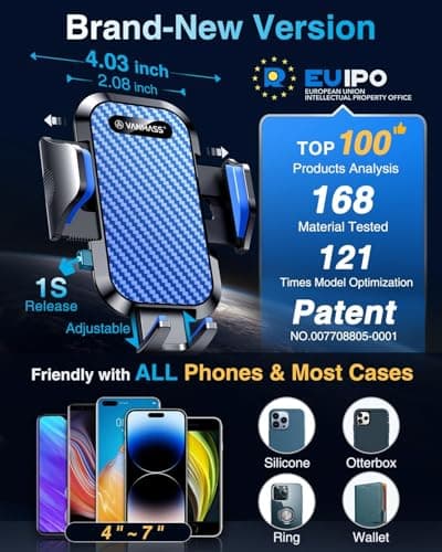VANMASS 2026 BEST Car Phone Holder [Upgraded Suction&Clip] Military-Grade Rotatable Universal Mobile Mount for Dashboard Windscreen Vent, Van Stand Cradle for iPhone 17 16 15 Samsung,Blue — view 5