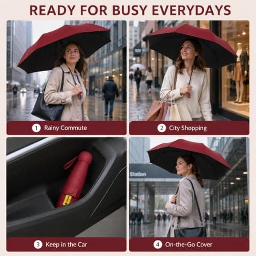 WHJYCC Compact Folding Umbrella - Burgundy Travel Umbrella with Case — view 5