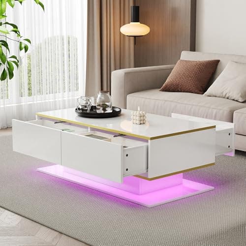 BTM Modern LED Coffee Table with High-Gloss Finish, 100 cm Length, Gold Accents, 3 Drawers & USB LED Light Strip (Adapter/Power Bank Required), White