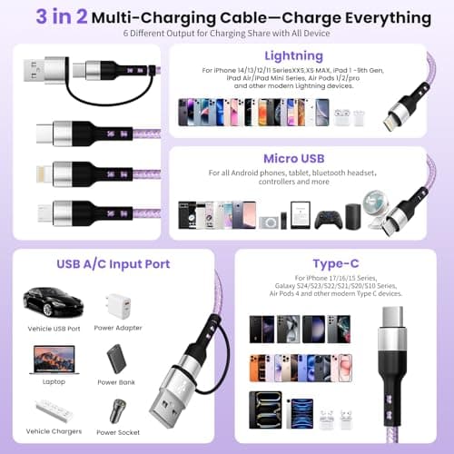 Travel Essentials, 3 in 2 Multi Charging Cable USB C Charger for iPhone 17, Multi Charger Cord with Type C/IP/Micro USB, Compatible for iPhone 17 to 11, Android, Galaxy, iPad, Data Sync, 5 FT — view 3