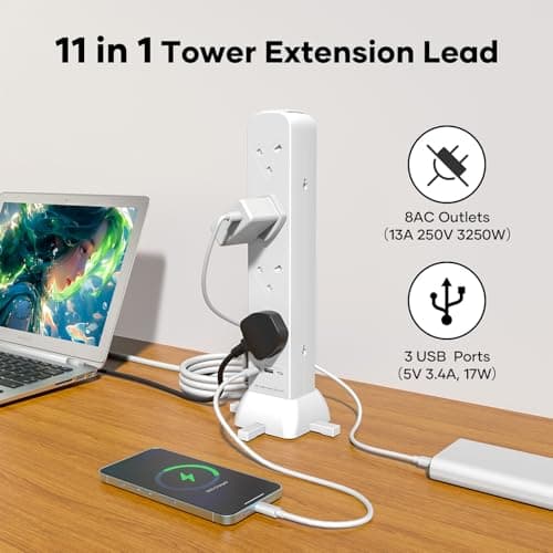 Tower Extension Lead 2m, 8 Way Socket Surge Protector with USC Ports Power Strip Multi Plug 3120W Safety Shutter for TV PC Laptops Tablets — view 4