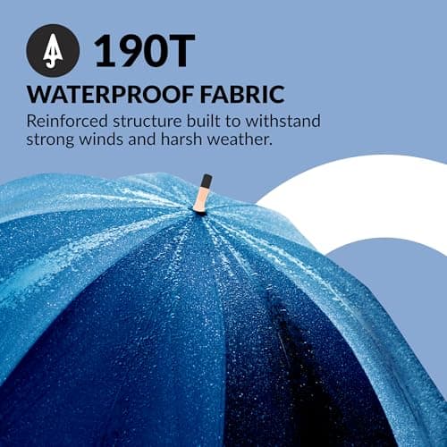 Jollybrolly Large Umbrella Blue | Wooden Walking Stick Umbrella, Crook Handle Large Canopy for Sun Protection Rainproof | Strongest Windproof Travel | Mens Umbrella Waterproof Long Stick — view 5
