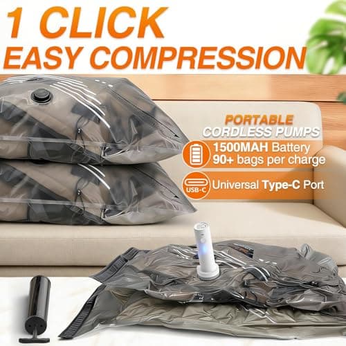 Vacuum Storage Bags for Travel with 2 Pump,12Pack Reusable Space Saver Bags with Rechargeable Electric Pump and Manual Pump Save 80% Space for Travelling or Household Storage — view 2