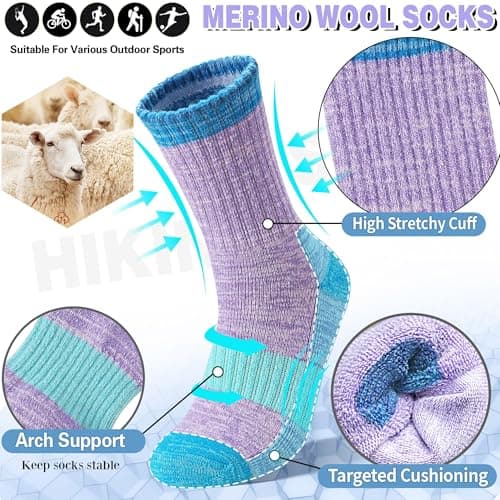 SAVALOS Merino Wool Hiking Socks for Women Thermal Warm Winter Cosy Work Crew Gifts Socks 5 Pairs Stocking Fillers(Light Blue/Light Green/Light Red/Khaki/Purple,3-7) — view 2
