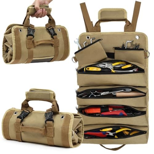 Adiwo Tool Bag, Foldable Roll Up Heavy Duty Bag Organizer, Tool Roll Pouch with 2 Detachable Tool Pouch, Multi Purpose Organizer for Mechanics, Great Gifts for Grandpa Dad Boyfriend, Khaki