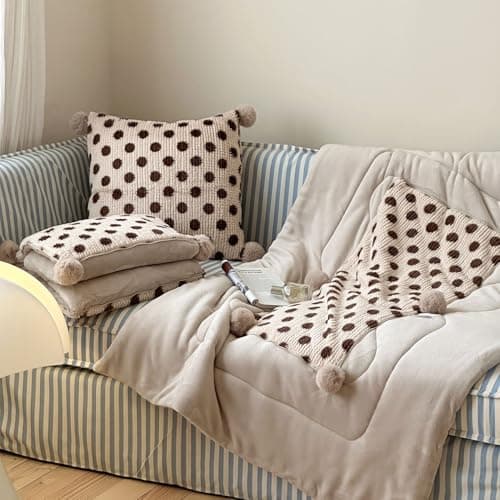 2 in 1 Travel Pillow Blanket, Soft Micro Plush Foldable Blanket Pillow, Flannel Throw for Flights Car Office Naps, Decorative Cushion Cover with Pom Poms Tassels, Warm Winter Travel Accessory (Brown)