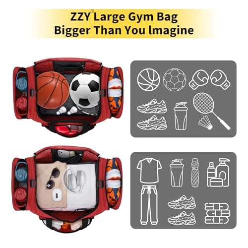 55L Gym Duffle Bag Sports Holdall for Men - 22 inch Multi Pockets Large Holdall Bag for Fitness, Travel, Workout - Red — view 4