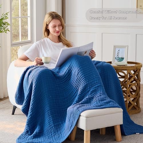 VANJOROY 100% Cotton Throw Blanket, 6-Layer Muslin Organic Soft Cozy Lightweight Large Throw for Bed Bedspread and Sofa - All Season Gauze Blanket,Blue-130x150cm — view 2