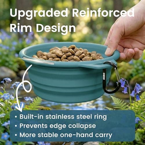 OHMO Large Collapsible Dog Bowl with Steel Ring, 800ml, Light Blue — view 3