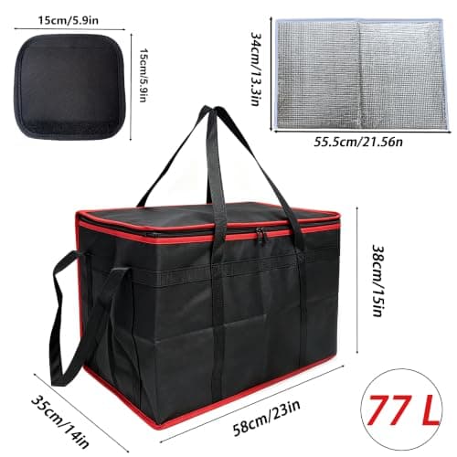 Surbootime 77L Insulated Food Bag for Cars, Suitable for Food Delivery/Zip-Lock Shopping, Reusable, Extra Large Capacity, Reinforced Bottom, Ideal for Camping, Family BBQs, and Picnics (Red & Black) — view 2