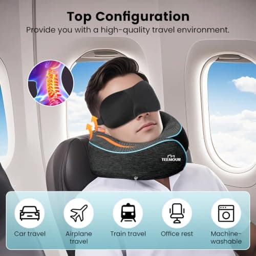 Travel Pillow for Adults,Memory Foam Airplane Pillow with 360 Neck Support, Includes Storage Bag, Eye Mask, Ear Plugs, Adjustable Travel Pillow for Long Flights,Train,Car & Business Trips(Dark Grey) — view 2