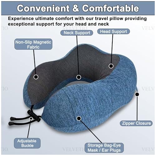 VELVETIO Memory Foam Adult Curved Travel Neck Pillow, Head Support Neck Pillow for Airplane, Soft Removeable Cover Pillow with Eye Mask, Ear Plugs & Carry Bag, Navy/Black — view 6