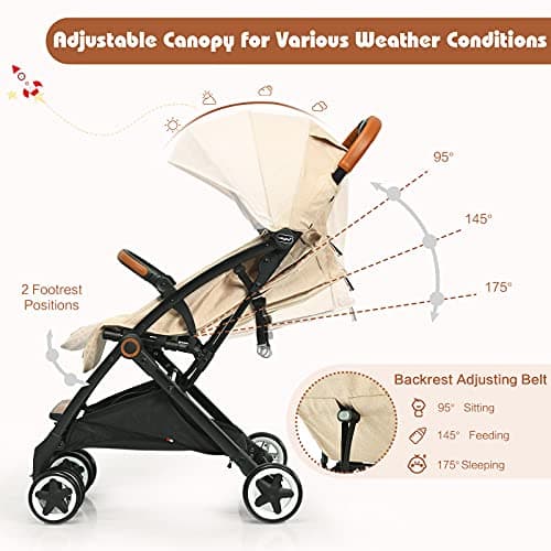 COSTWAY Lightweight Baby Stroller, One-Hand Foldable Infant Pushchair with 5-Point Harness, Adjustable Backrest/Footrest/Canopy, Compact Travel Buggy for 0-3 Years (Beige) — view 3