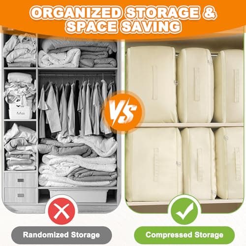 Ultra Space Saving Self Compression Organizer, Large Capacity Packing Organiser with Zips, 52*42*60cm Expandable Packing Cube Bag, Beige Storage Bags for Comforters, Clothes, Blankets, Duvets, Sweater — view 3