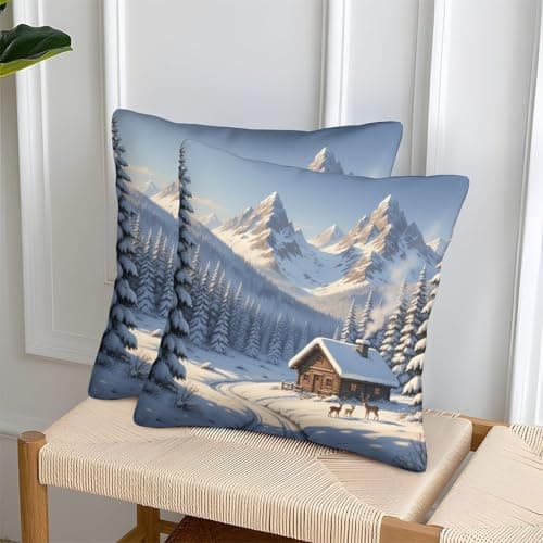 Snowy Cabin Organic Cotton Winter Mountain LandscapePillow Slip Set of 2 Kids Toddler Hypoallergenic Double Bed UK Standard Size Eco-friendly No Pilling No Fade 40x40cm — view 2