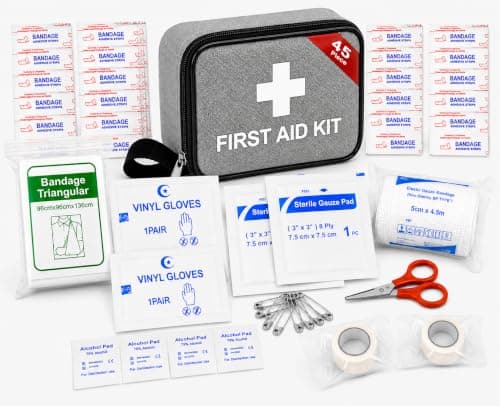 First Aid Travel Kit, Compact 45 Piece Holiday Travel Essentials, Camping, Car, University, Home, Emergency, Water Resistant Case, Lightweight, Space Saving