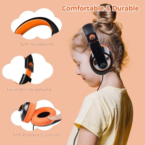 Rockpapa Comfort+ Kids Headphones, Over Ear Wired Headphones for Kids Children Adult with Microphone, Stereo Sound, Adjustable Head phones for School/Travel/Phone/PC/MP3-Black Orange — view 3