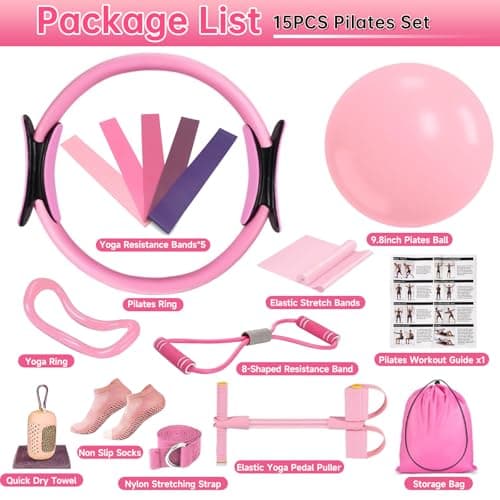 Pilates Essential Kit for Women 15Pcs Pilates Equipment Set for Home Workouts, Professional Beginners Starter Kit with Ring, Yoga Ball, Elastic Resistance Bands & Accessories for at Home Gym Workout — view 2