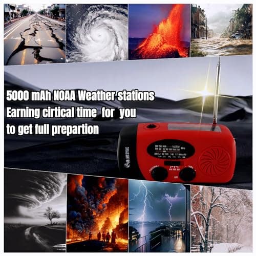 Handsider Wind Up Radio, Solar Emergency FM AM NOAA Portable Radio with SOS Alarm, LED Flashlight, 5000mAh Power Bank USB C Cellphone Charger for Camping Hiking (5000mAh Red) — view 6