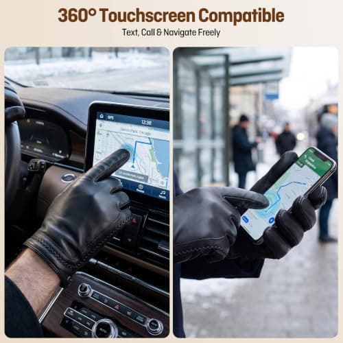 Men's Sheepskin Leather Gloves for Driving, Warm Fleece Lined Touchscreen — view 4