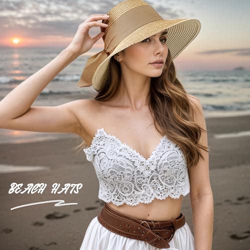lifwimner Straw Sun Hats for Women UV Protection, Foldable Floppy Bowknot Straw Hats Wide Brim Summer Beach Cap with Chin Strap for Beach Vacation Travel Holiday (UK, Alpha, M, Khaki) — view 6