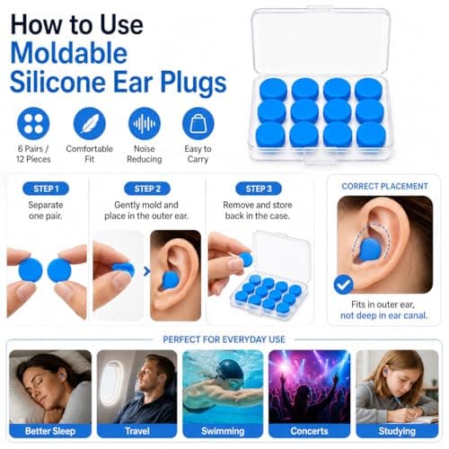 6 Pairs Soft Silicone Ear Plugs for Sleeping, Reusable Moldable Earplugs with Storage Cases, 32dB Noise Reducing Gel Ear Plugs for Sleep, Snoring, Swimming, Travel, Work, Study and Concerts (Blue) — view 6