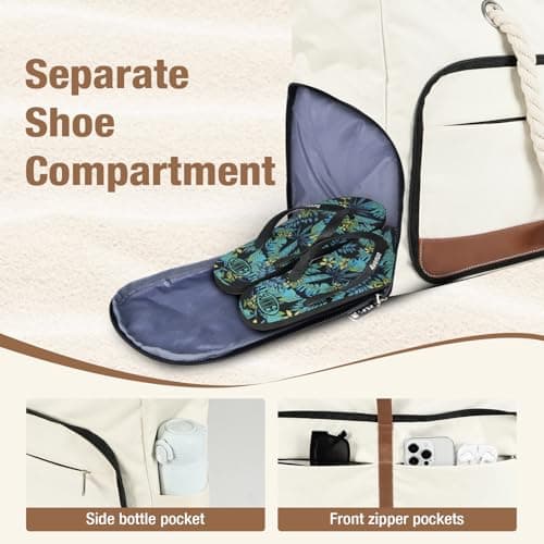 Lekespring Waterproof Beach Bag for Women - Tote Bags with Zip and Pocket, Fldable Travel Shoulder Bag with Shoe Compartment, Enhanced with Bottom Elastic Strap (Beige) — view 4