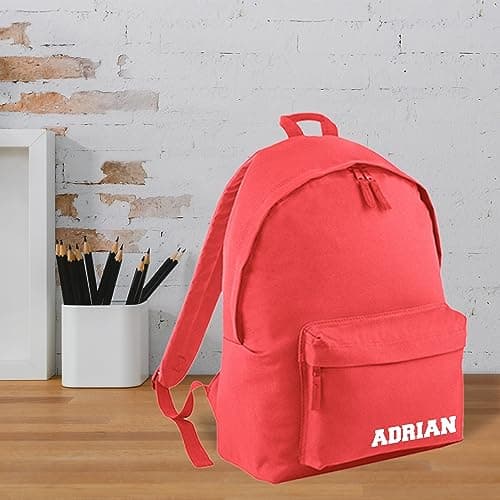 Print Maniacs Personalised School Backpack Large 18L Kids Travel Rucksack Junior Shoulder Collage Rucksack Back To School Lunch Swimming P.E Laptop Book Bag Small Name (Coral) — view 6