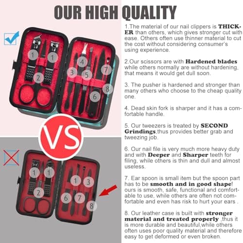 Manicure Set 9 in 1 Stainless Steel, Nail Clippers Scissors Pedicure Tools Kit - Portable Travel Grooming Kit for Men and Women with Black/Red Leather Case (Red) — view 3