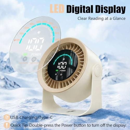 Luxepa Small Desk Fan, 100 Speed USB Rechargeable Battery Operated Quiet Portable Table Fan, Personal Desktop Cooling Fan with LED Display, 360° Tilt Tabletop Fan for Bedroom Office Travel (Khaki) — view 2