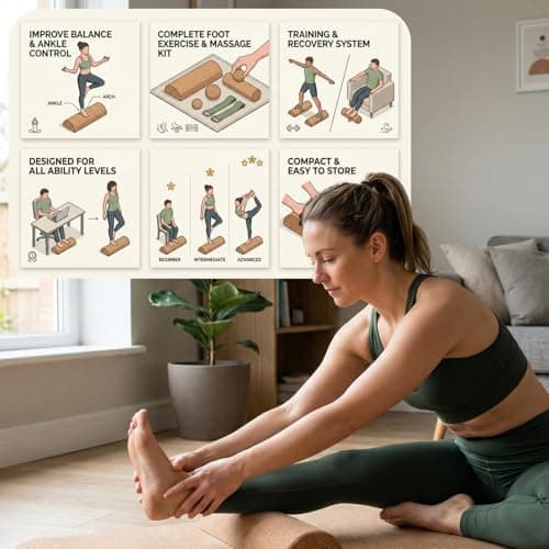 4-in-1 Cork Foot Balance Board Set with Roller & Massage Ball, 2 Toe Resistance Bands for Ankle Stability, Yoga & Mobility Training — view 4