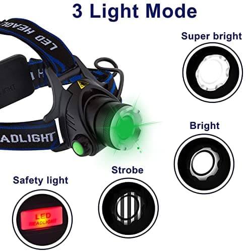 GRACETOP Green Light Head Torch, Green LED Headlamp with Green Light Headlight High Lumens & Zoomable 3 Modes USB Rechargeable Head Torch Green for Night Vision Camping Hiking Fishing — view 5