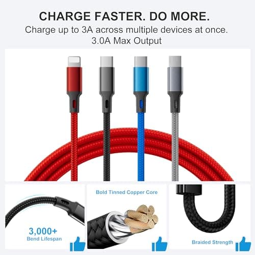 Amuvec 4 in 1 Multi Charger Cable, 3A Fast Charging USB Cord, 1.2M Red — view 2