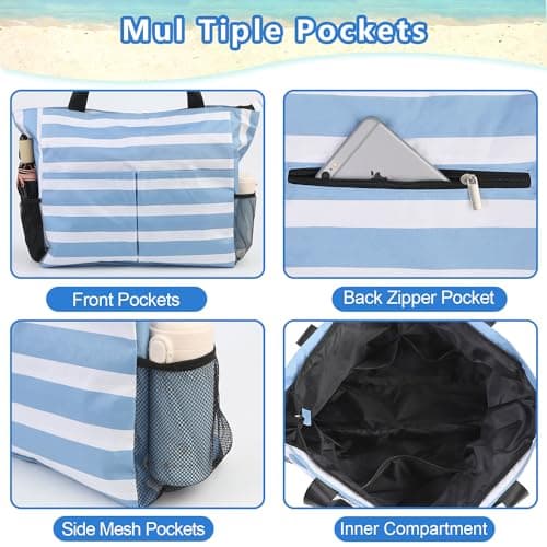 TAHAVICE Beach Tote Bags for Women with Zip, Large Waterproof Beach Bag with Pocket, Summer Beach Bags for Travel, Shopping, Pool, Gym — view 5