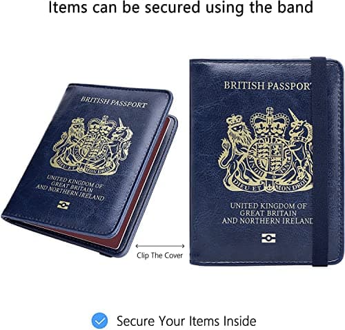 UK Passport Cover, RFID Blocking PU Leather Passport Holder Blue Band — view 3
