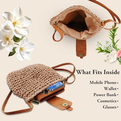 Bototack Straw Beach Bag for Women, Small Summer Crossbody Bag with Zipper, Bohemian Weave Handmade Shoulder Handbags for Beach Vocation Holiday (Khaki) — view 4
