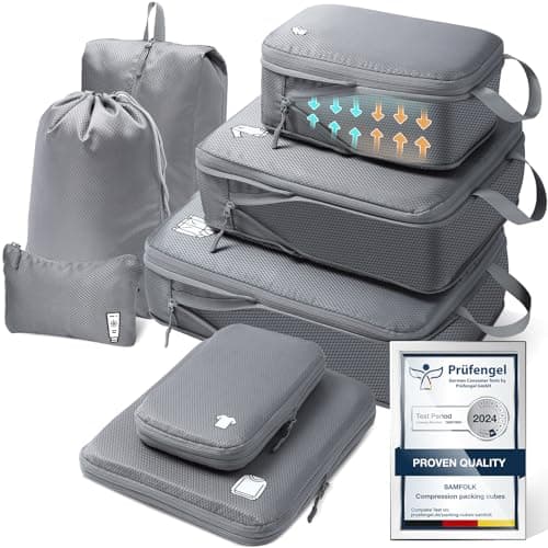 Samfolk Compression Packing Cubes for Suitcases Packing Cubes Compression Set Waterproof Suitcase Organiser Bags for Travel Suitcase Luggage Packing Organizer Bags Travel Essentials Grey 8 Set