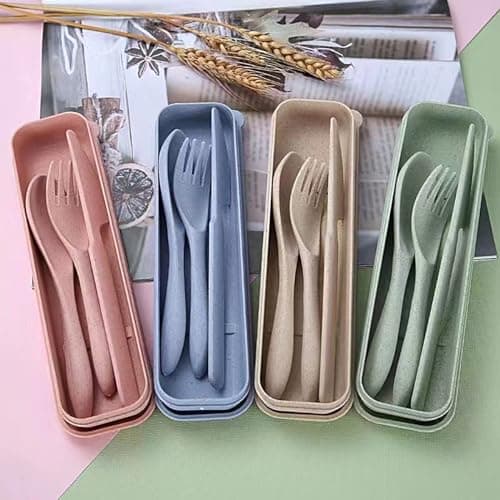 FUZVOL Cutlery Set Reusable Knife Fork Spoon Set with Case Portable Travel Utensils Eco-Friendly Flatware Set 3PCS Service for Outdoor Picnic Camping Off White — view 2