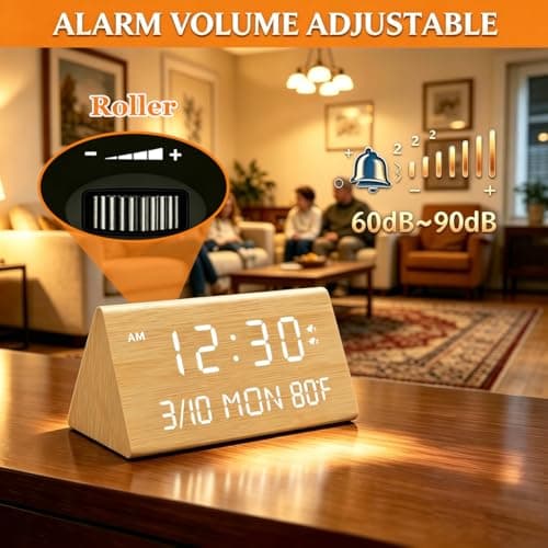 Kogonee Wooden Digital Alarm Clock, 0-100% Dimmer, 2 Alarm Settings, Weekday/Everyday Mode, 9 Mins Snooze, 12/24H, Temperature and Date Display for Office, Travel, Bedroom Alarm Clock (Bamboo) — view 5